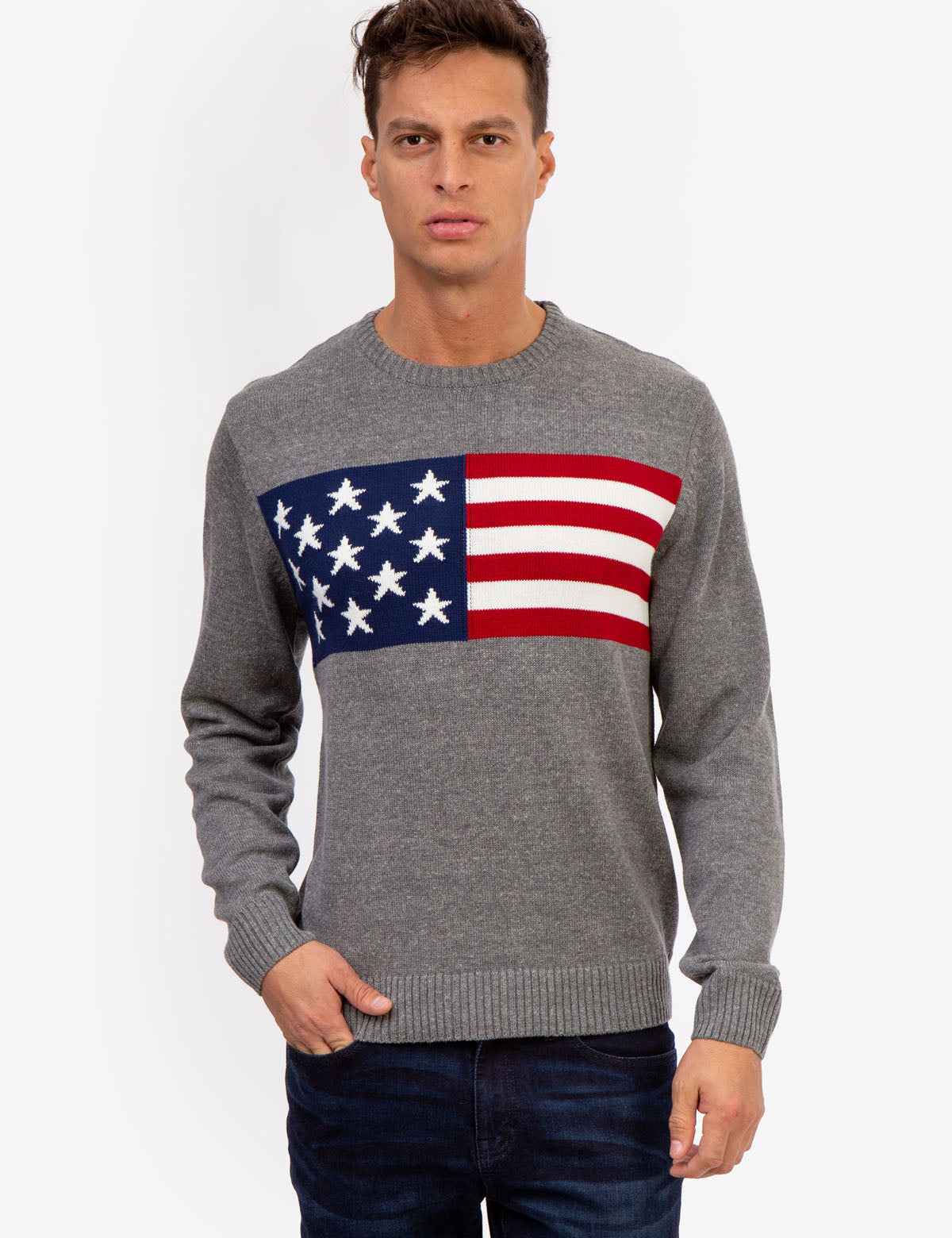 American Flag Crew Neck Sweater | Patriotic Cotton Pullover