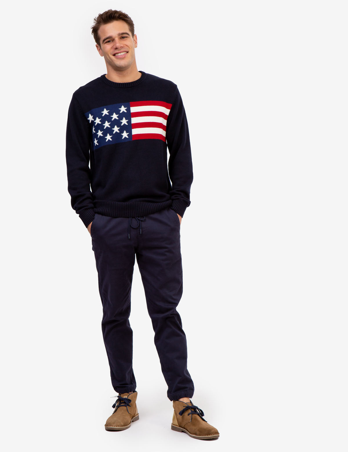 American Flag Crew Neck Sweater | Patriotic Cotton Pullover