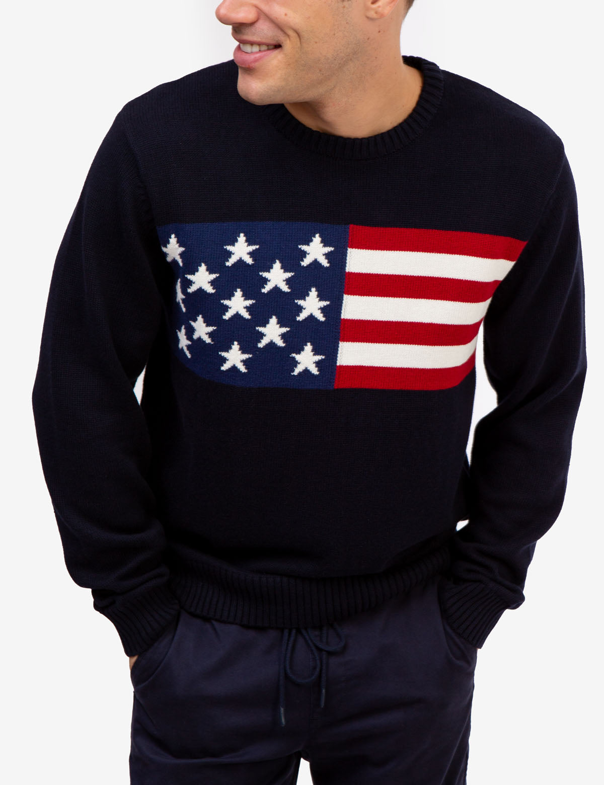 American Flag Crew Neck Sweater | Patriotic Cotton Pullover