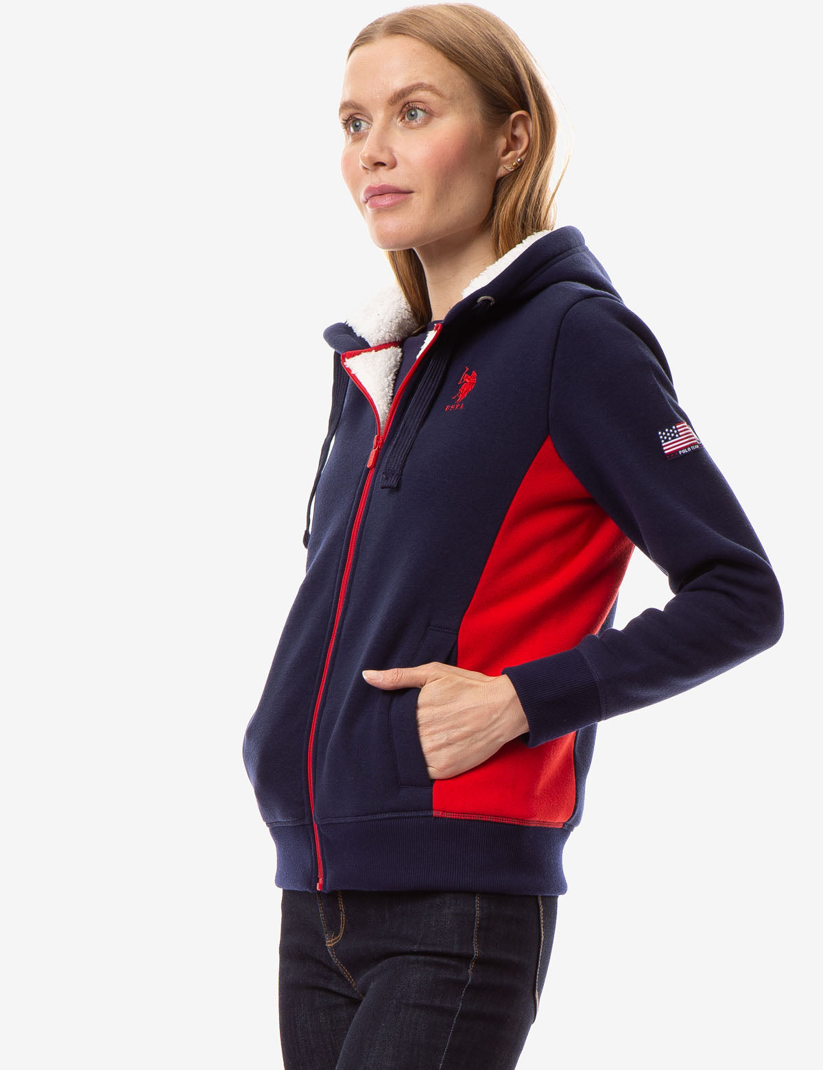 Sherpa-Lined Fleece Hoodie with Colorblock Panels | Americana