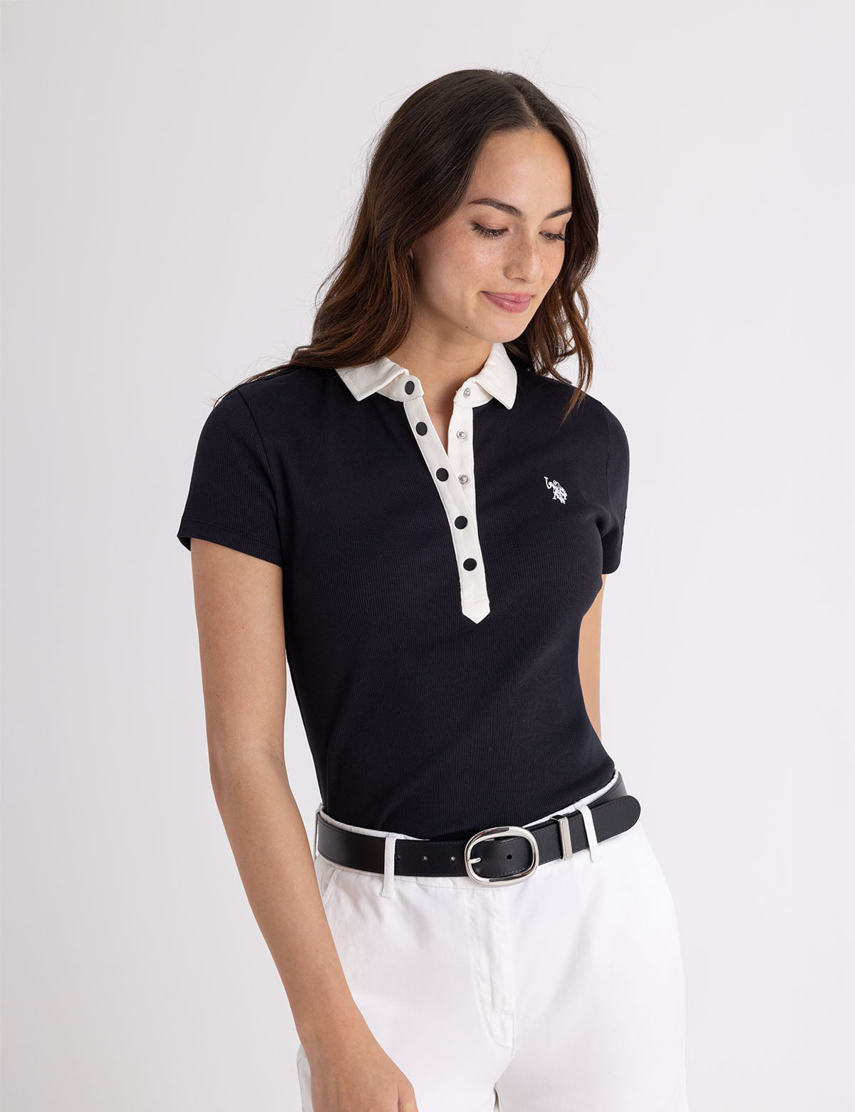 Ribbed Polo Shirt with Contrast Snap Detail | Contrast