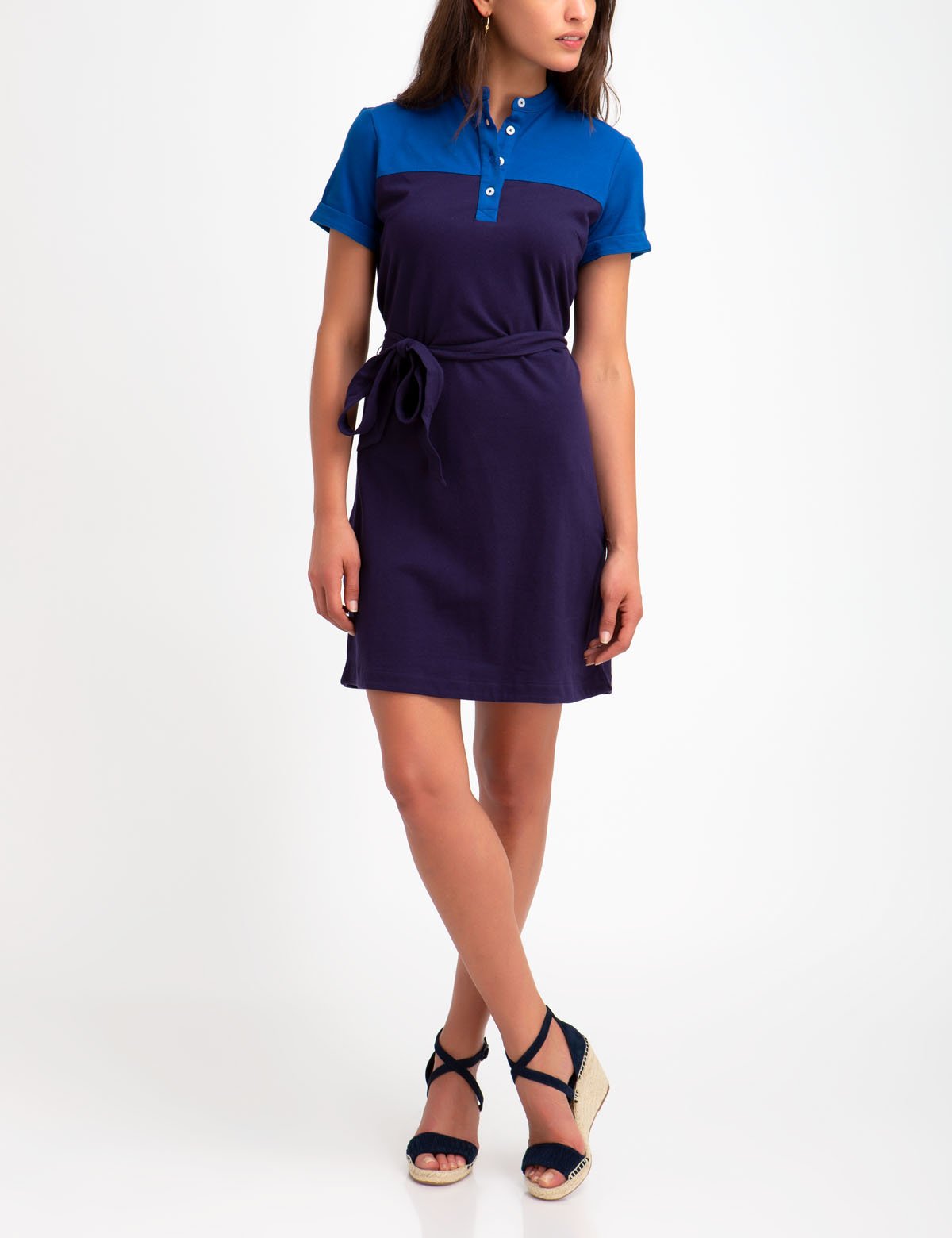Belted Colorblock Polo Dress with Tie Waist | Cotton-Spandex Blend