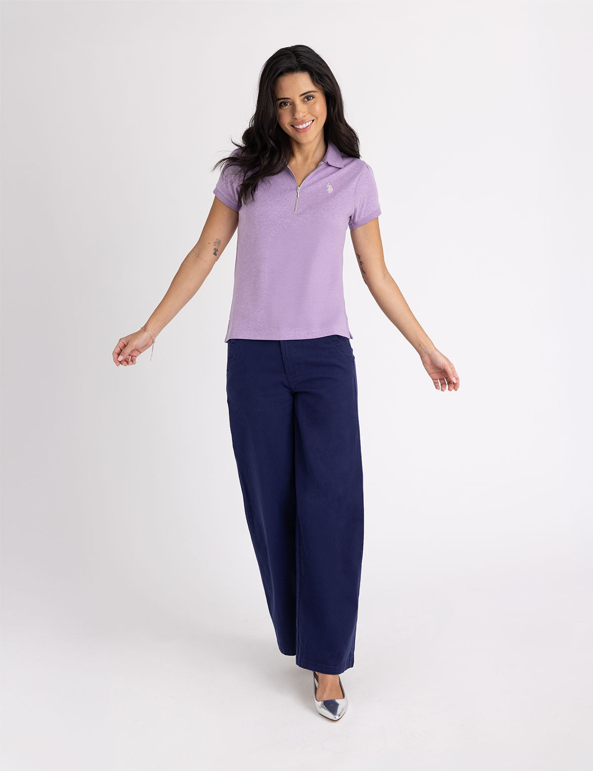Half Zip Puff Sleeve Polo Shirt | Heather Knit Style