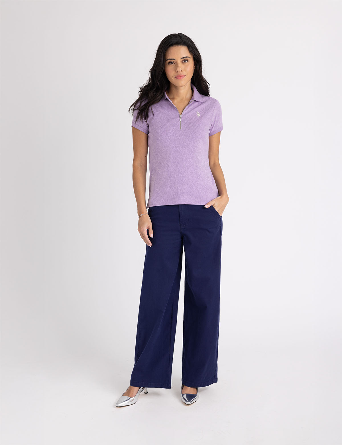 Half Zip Puff Sleeve Polo Shirt | Heather Knit Style