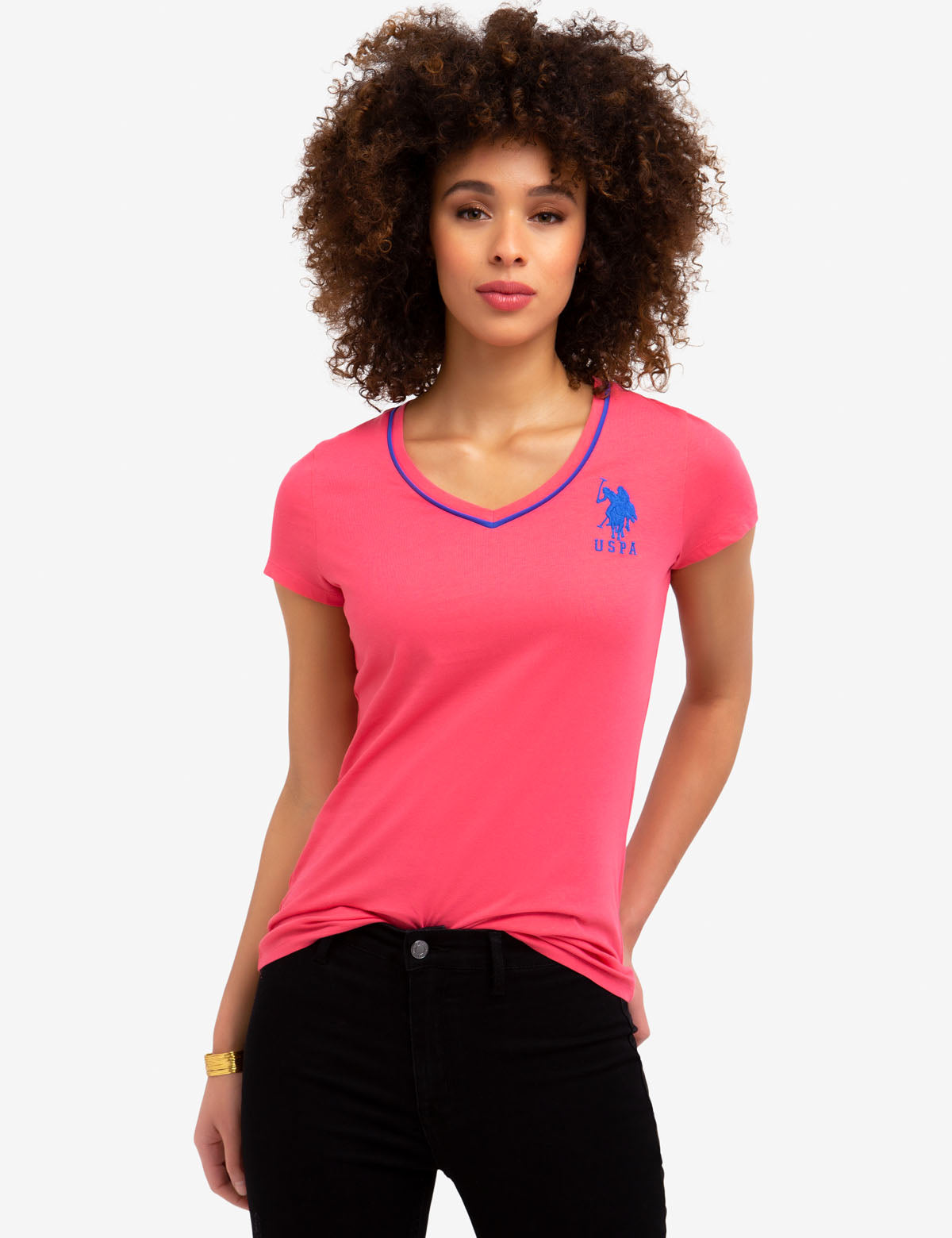 V-Neck Cotton T-Shirt with Contrast Trim & Large Logo | Big Logo