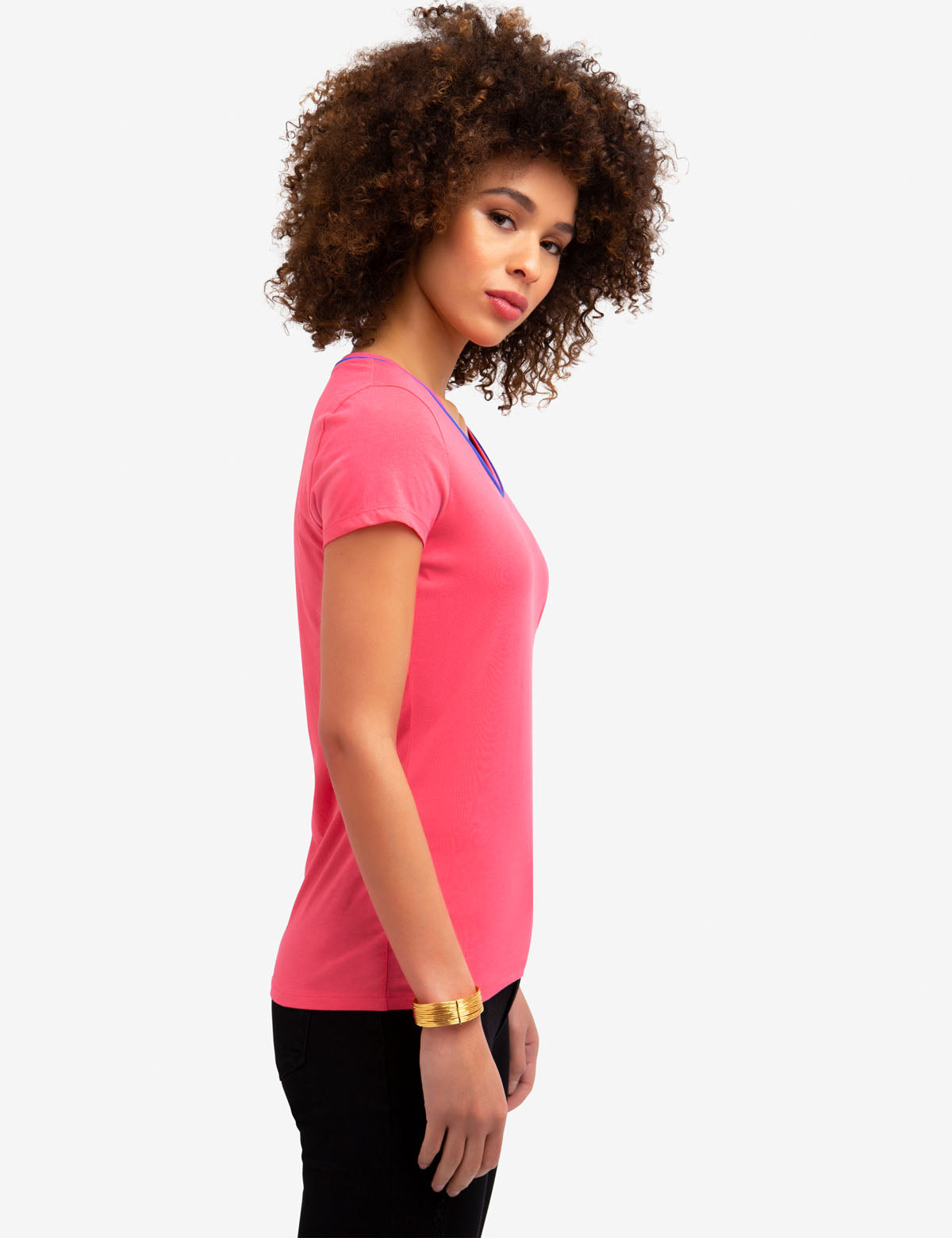 V-Neck Cotton T-Shirt with Contrast Trim & Large Logo | Big Logo