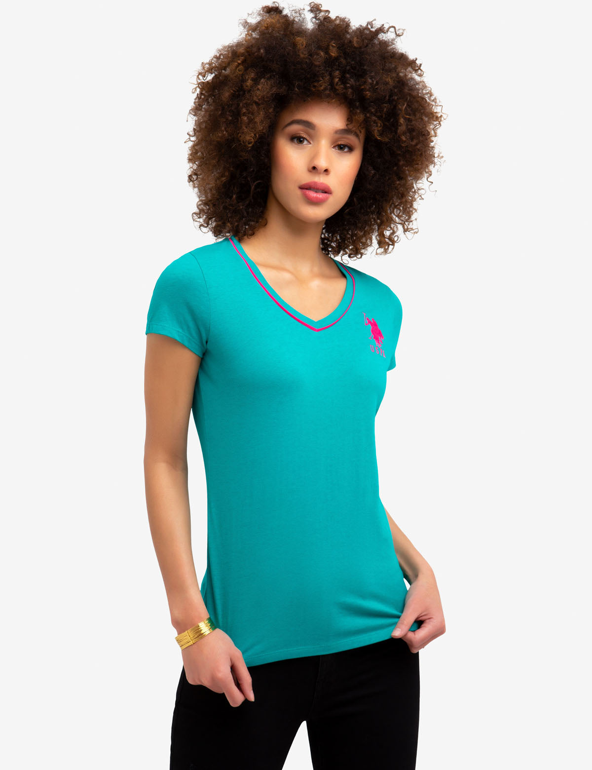V-Neck Cotton T-Shirt with Contrast Trim & Large Logo | Big Logo