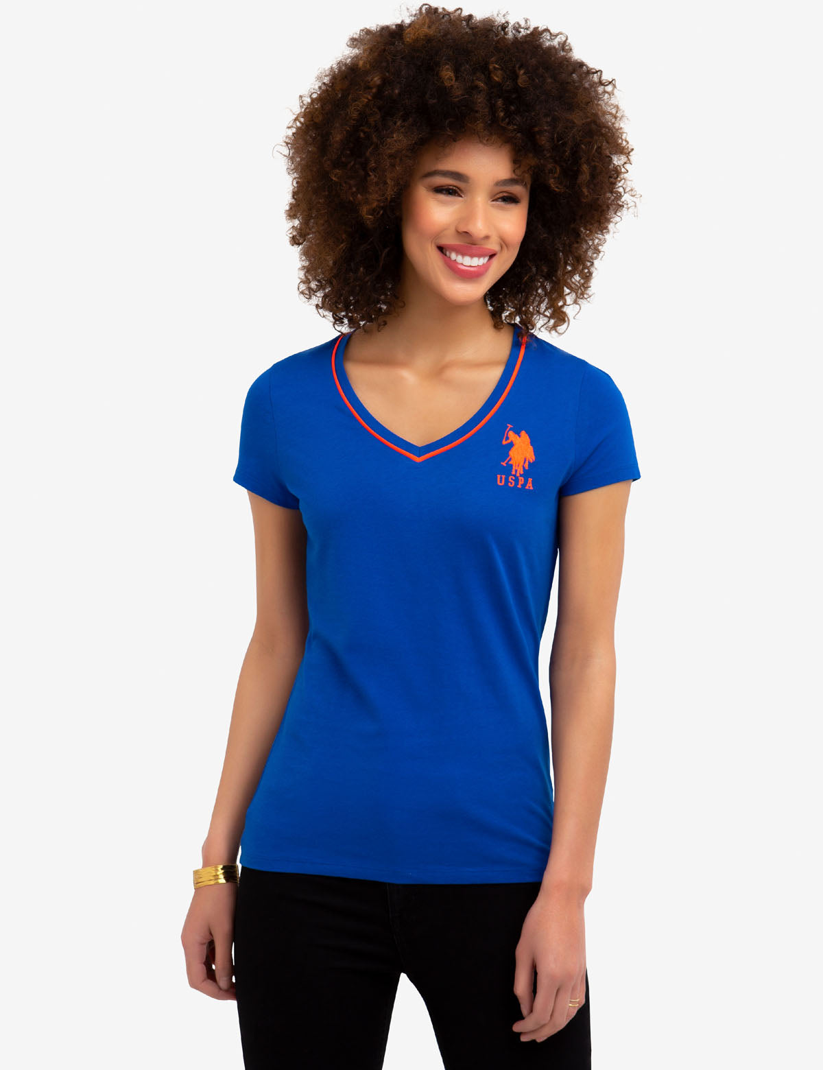 V-Neck Cotton T-Shirt with Contrast Trim & Large Logo | Big Logo