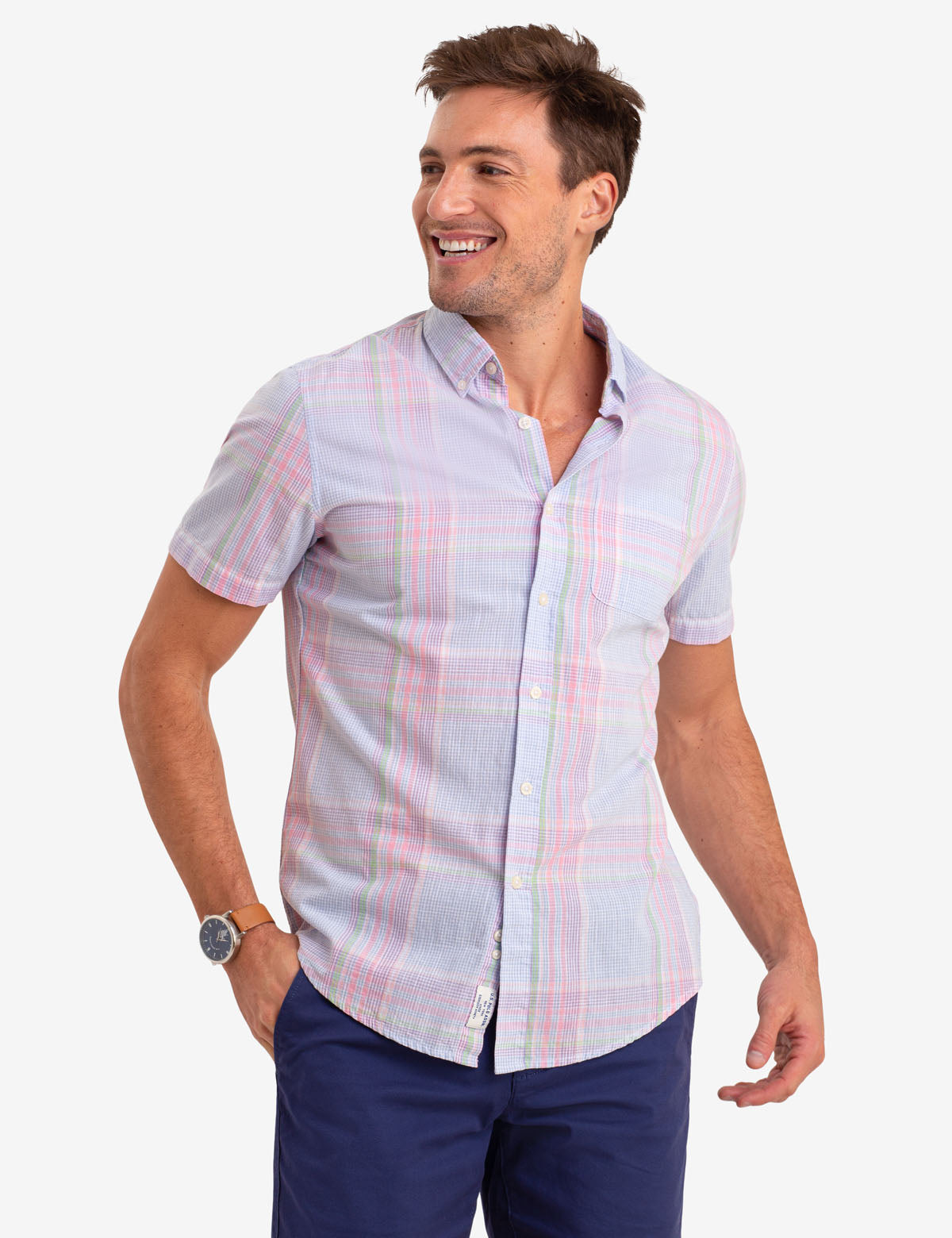 Plaid Short Sleeve Button-Up Shirt with Front Pocket | Casual Wear