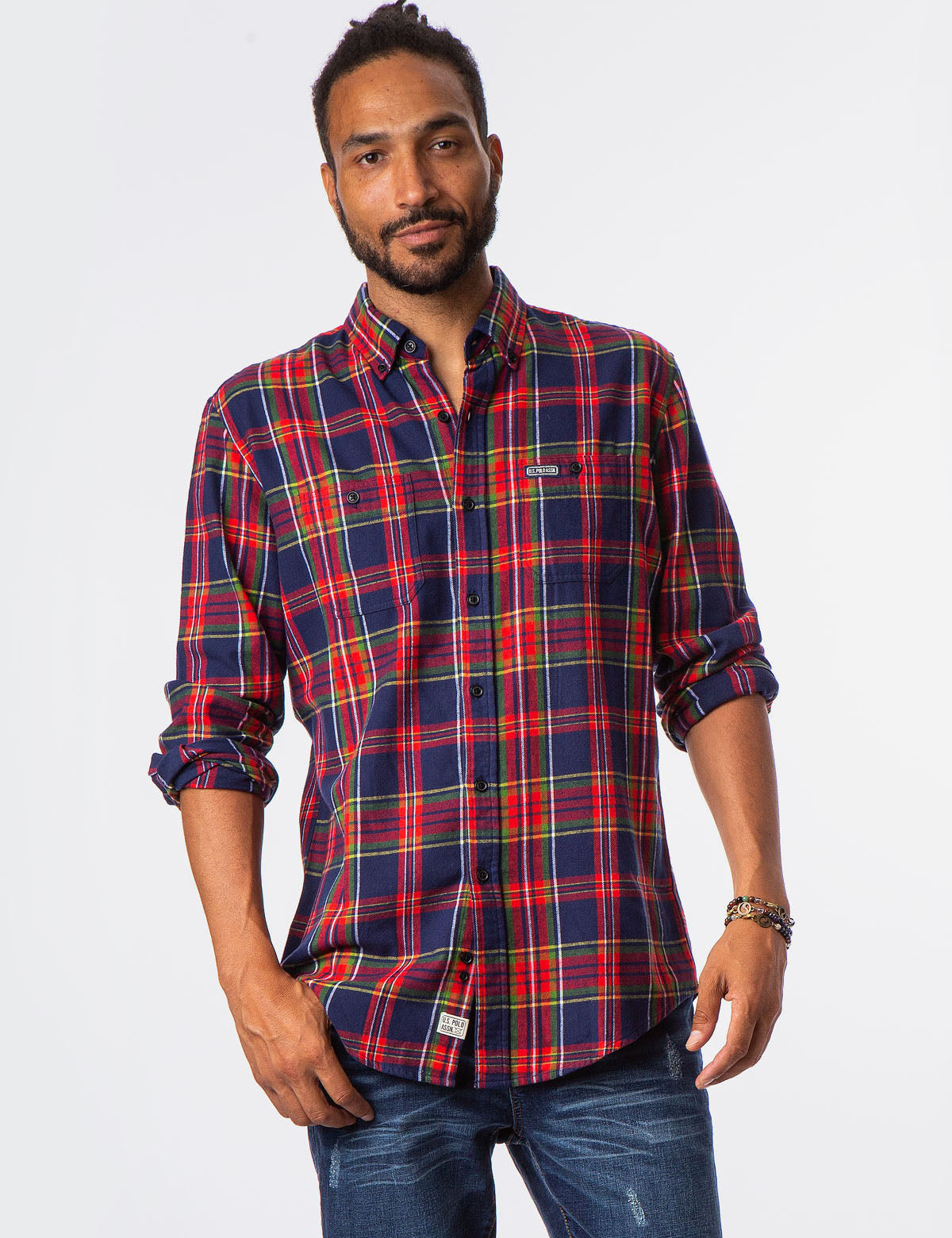 Plaid Twill Button-Up Shirt with Patch Pockets | USPA