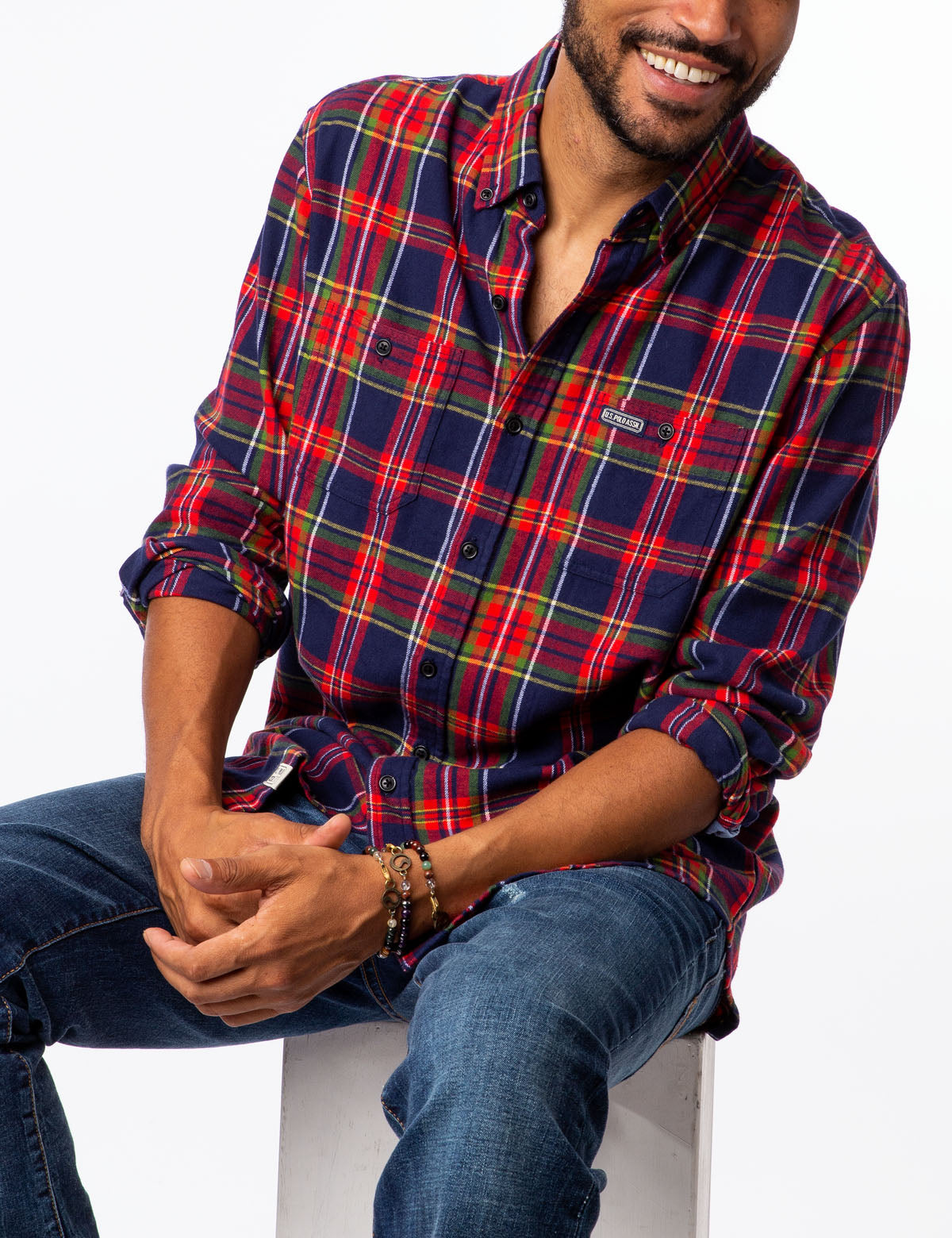 Plaid Twill Button-Up Shirt with Patch Pockets | USPA