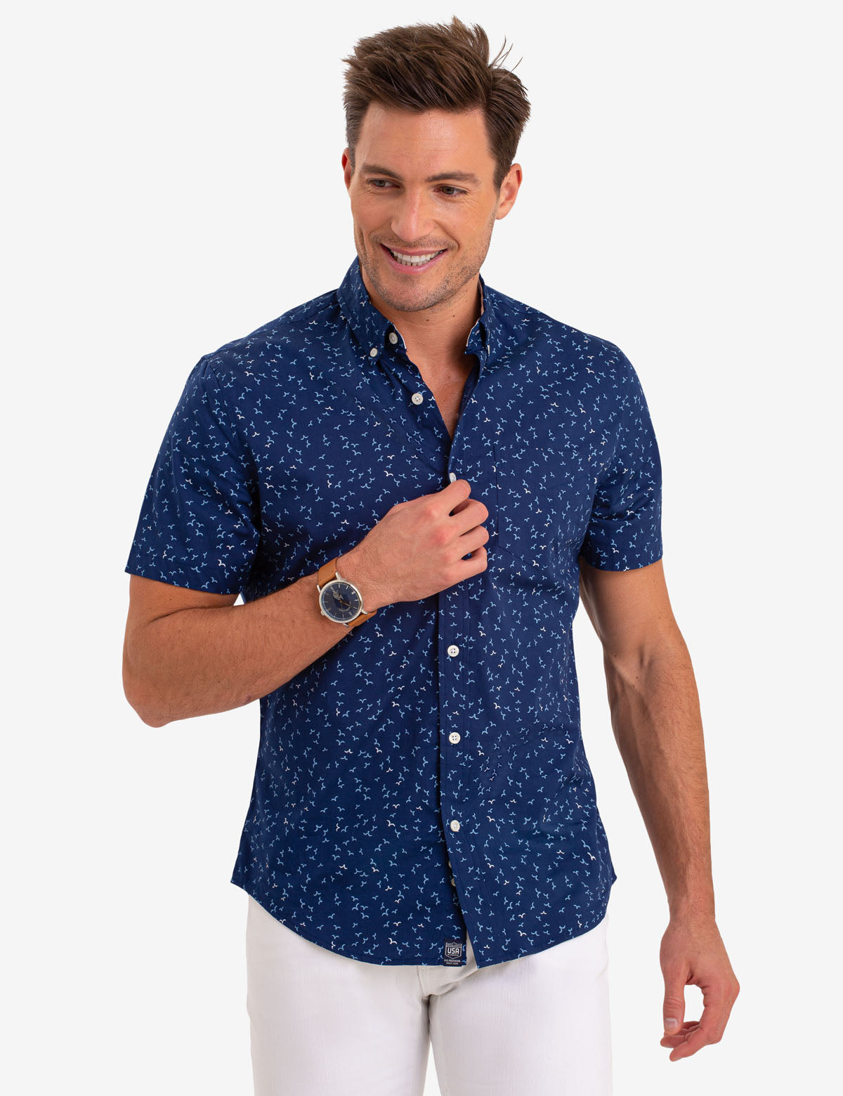 Bird Print Short Sleeve Button-Up Shirt for Men | 100% Cotton