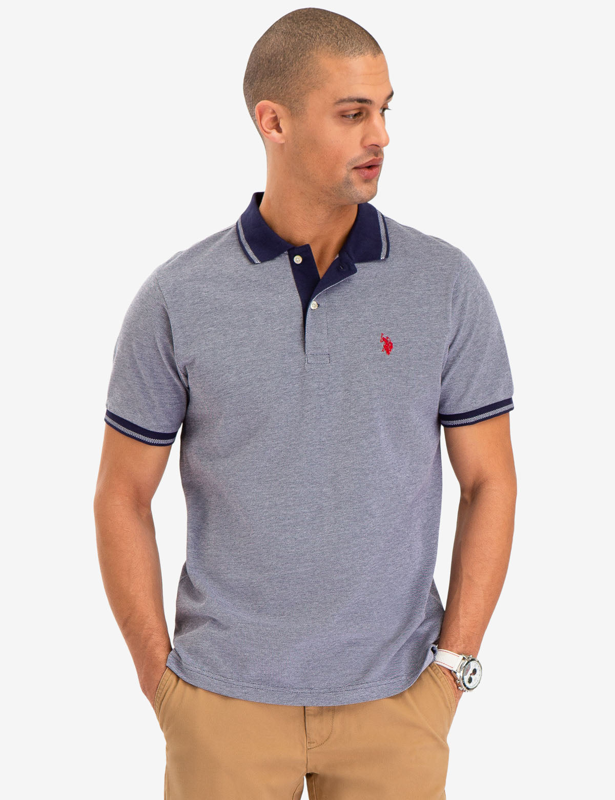 Contrast Collar Polo Shirt with Embroidered Logo | Birdseye