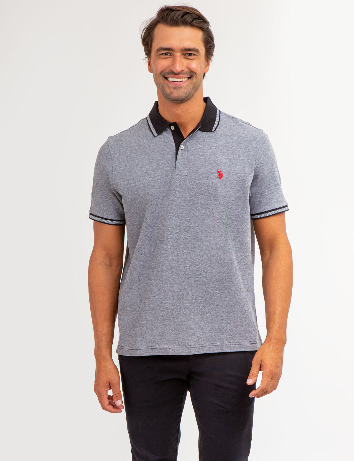Contrast Collar Polo Shirt with Embroidered Logo | Birdseye