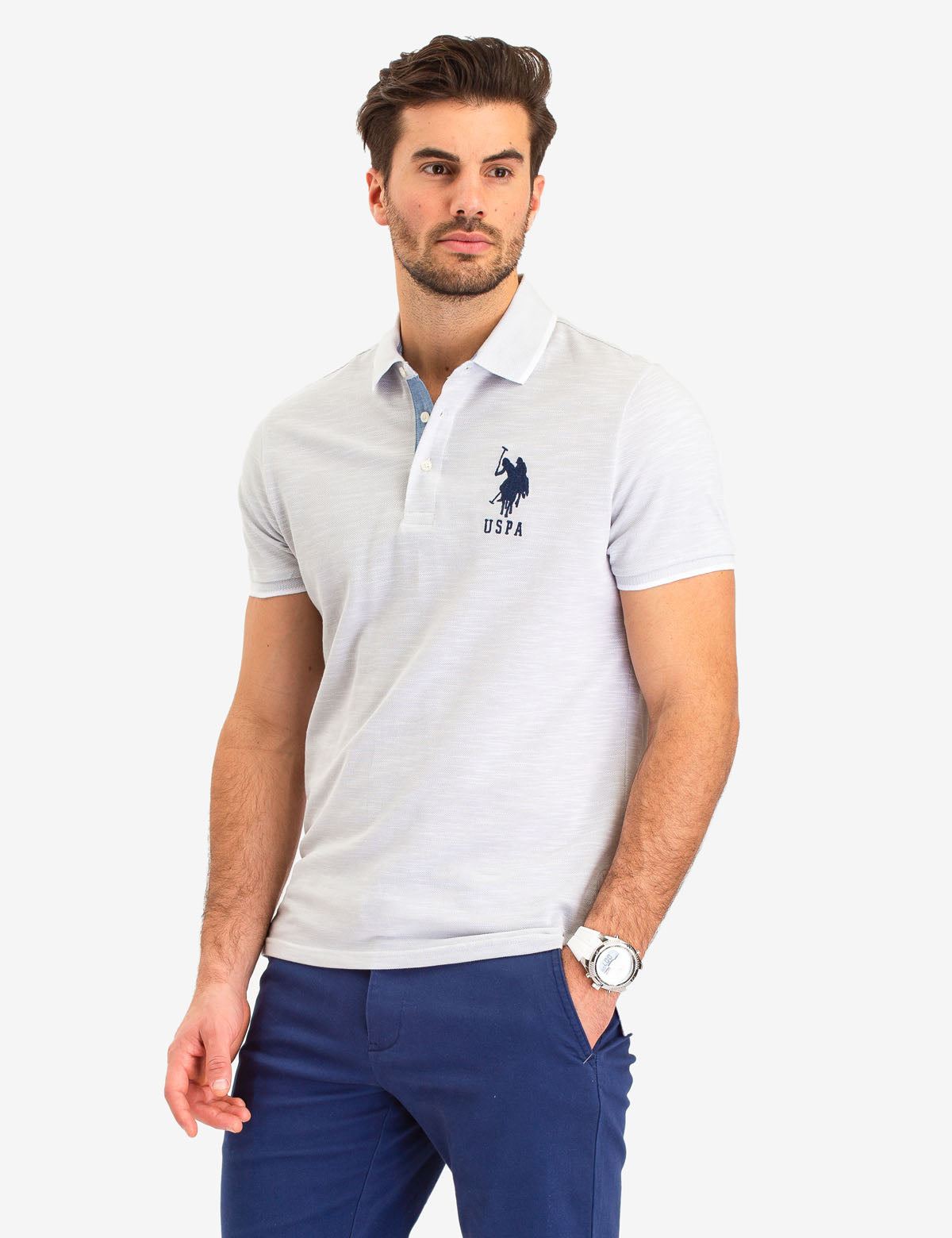 Slub Polo Shirt with Button Placket & Logo | Birdseye