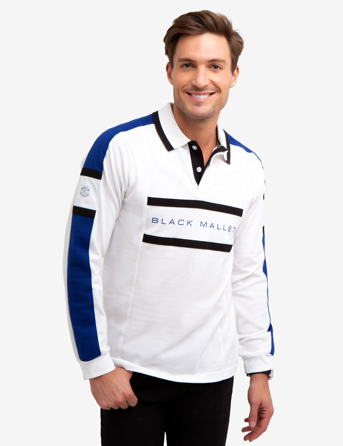 Black Striped Long Sleeve Polo Shirt | Mallet Collection