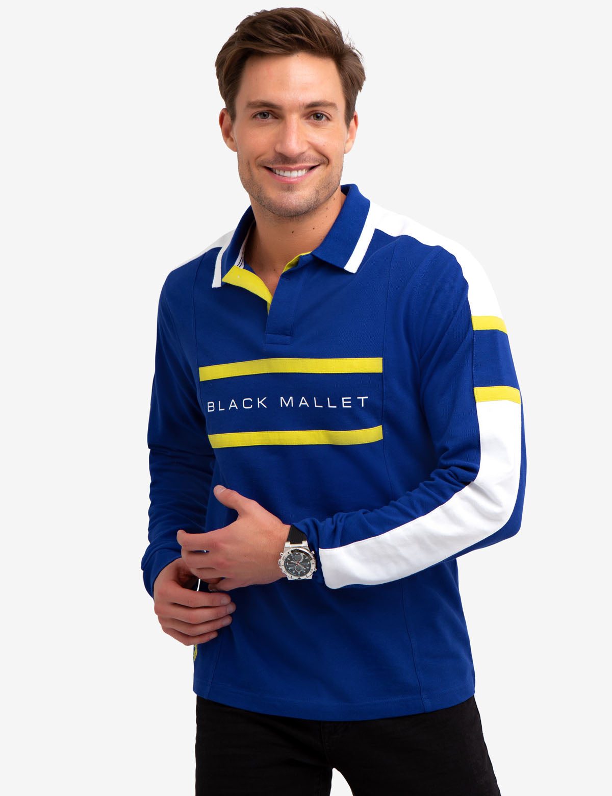 Black Striped Long Sleeve Polo Shirt | Mallet Collection