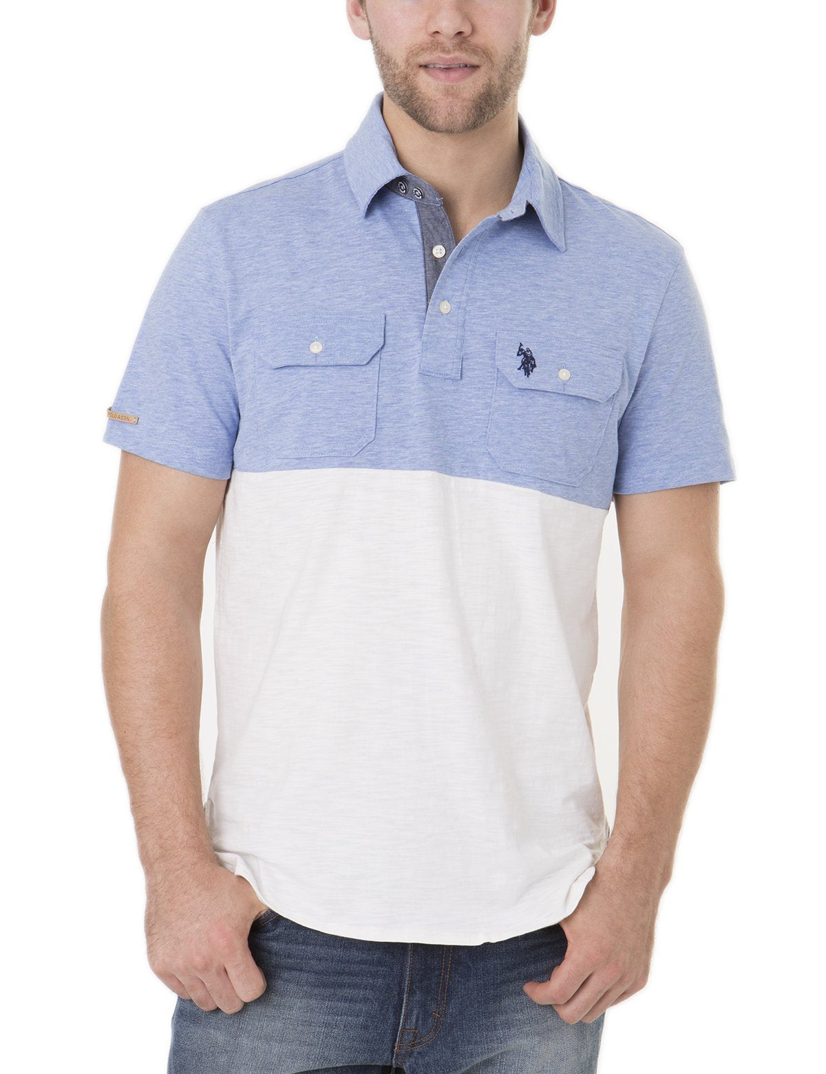 Colorblock Polo Shirt with Chambray Detail & Slim Fit | Black Mallet