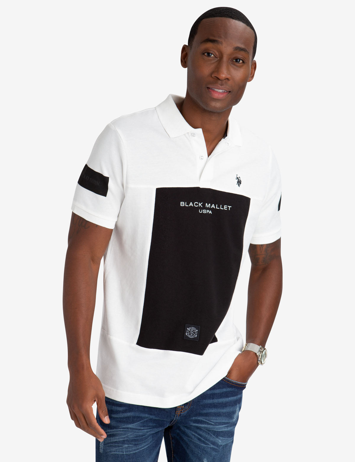 Colorblock Polo Shirt with Chambray Detail & Slim Fit | Black Mallet