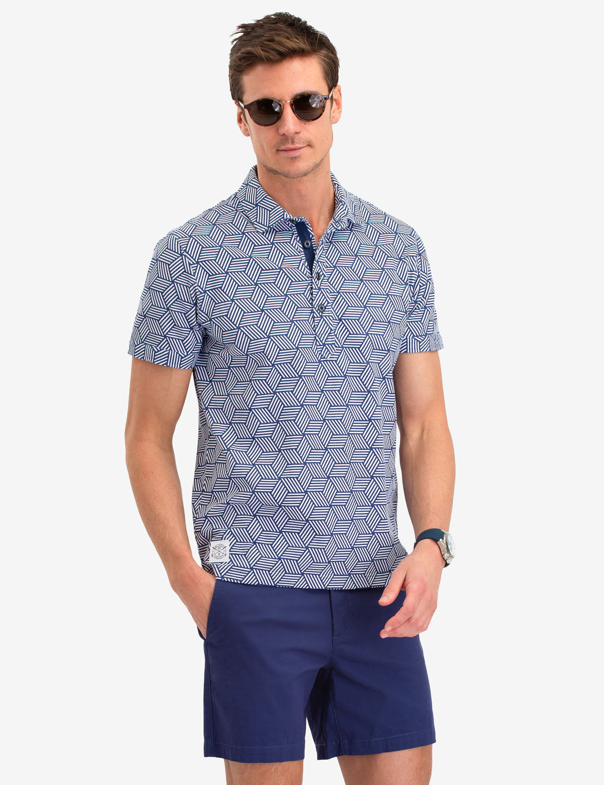 Black Geometric Print Polo Shirt | Short Sleeve Button-Up