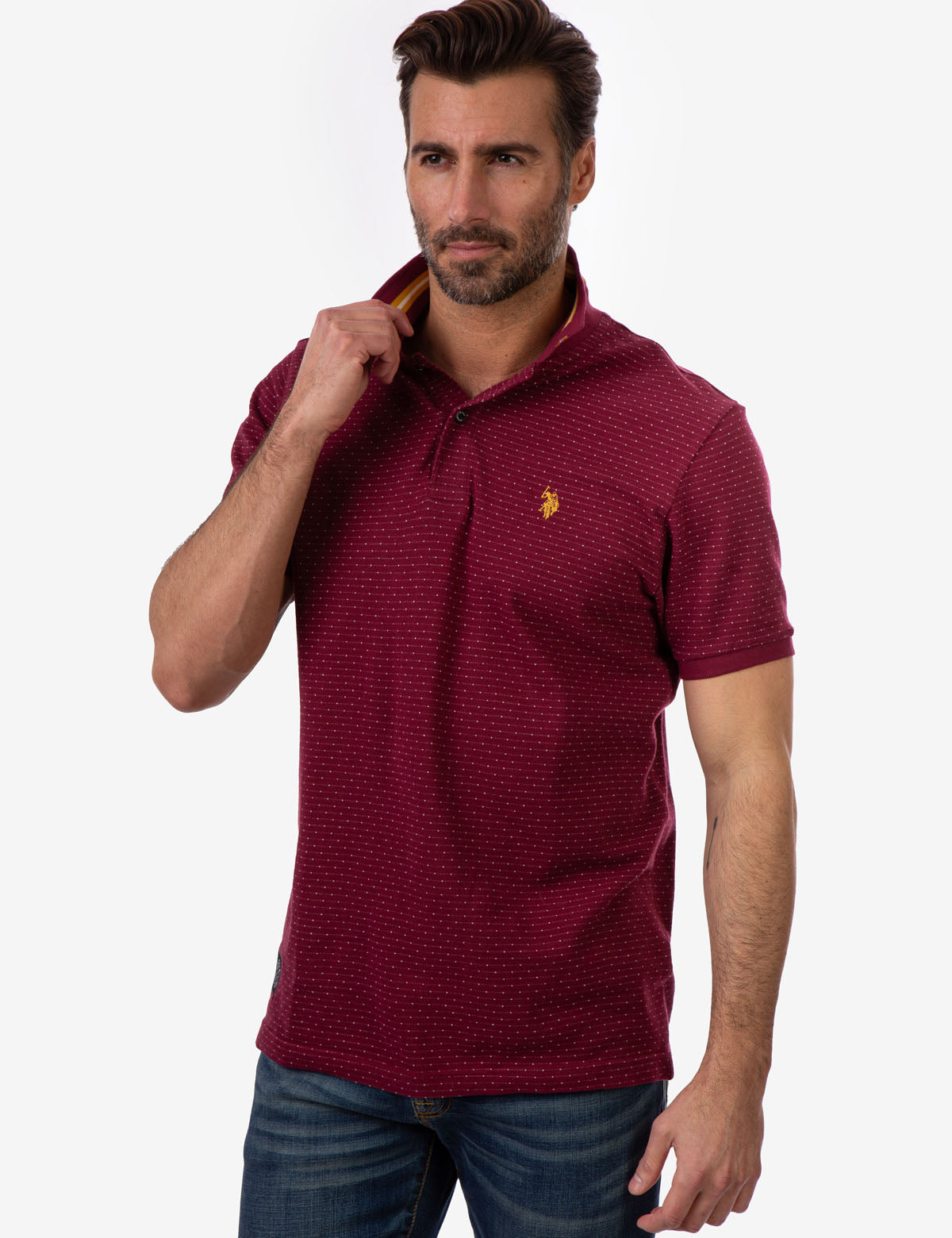 Men's Jacquard Pique Polo Shirt with Stripe Detail | Black Mallet