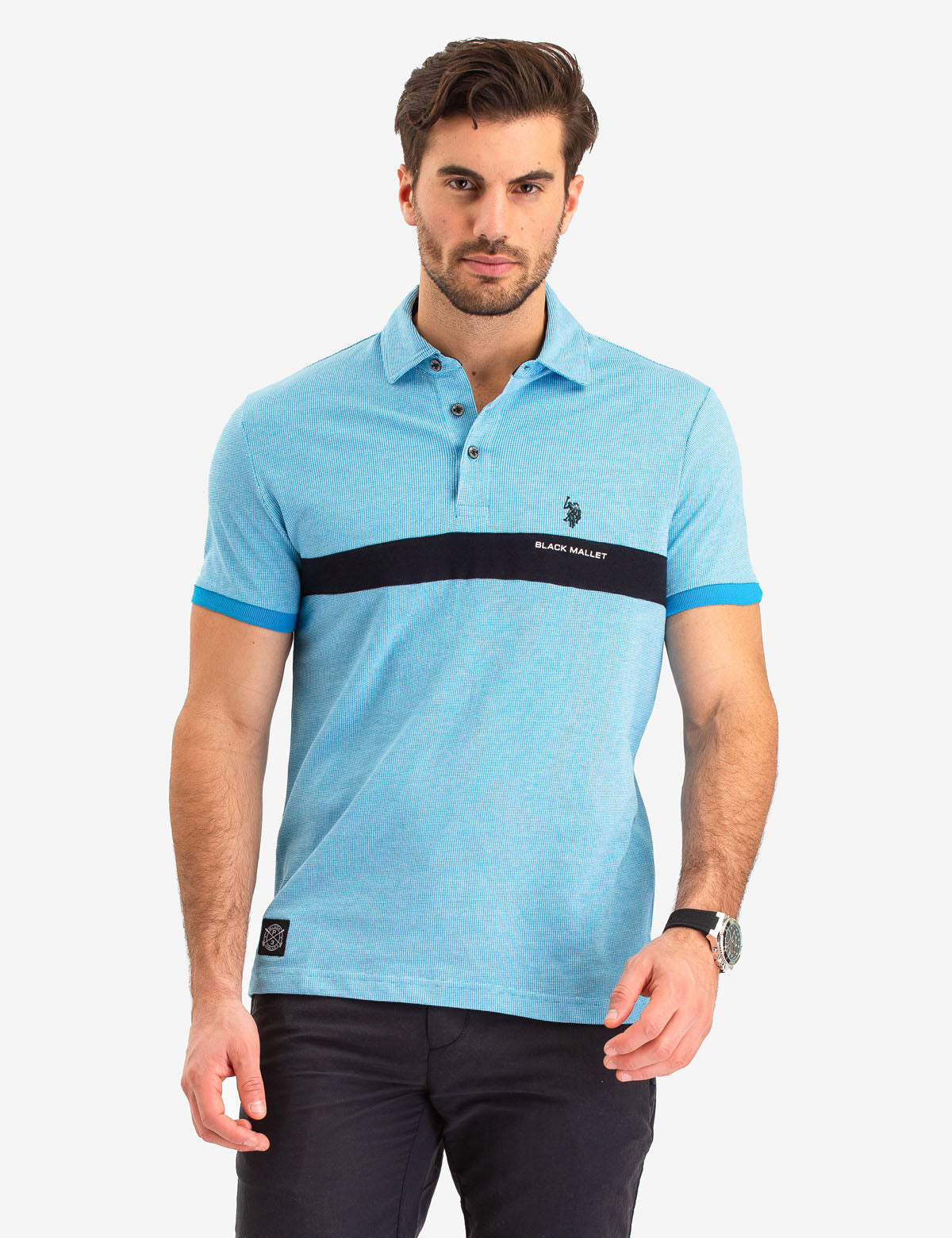 Black Jacquard Stripe Polo Shirt with Contrast Cuffs | Mallet Collection