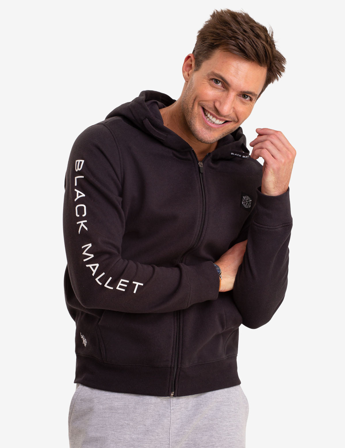 Drawstring Hoodie with US Polo Assn. Print & Patch | Black Mallet