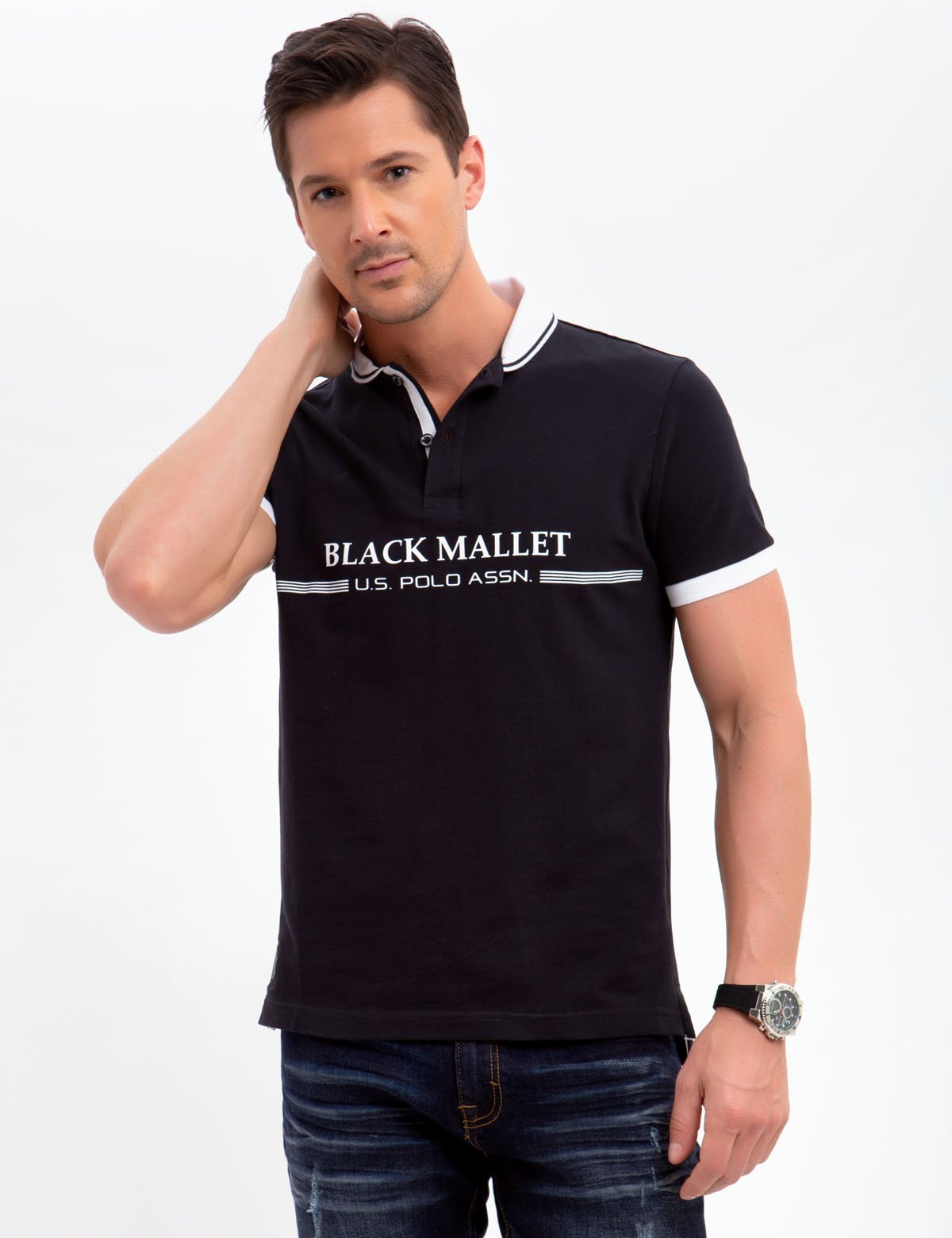 Black Polo Shirt with Ribbed Cuffs & Button Placket | U.S. Polo Assn.
