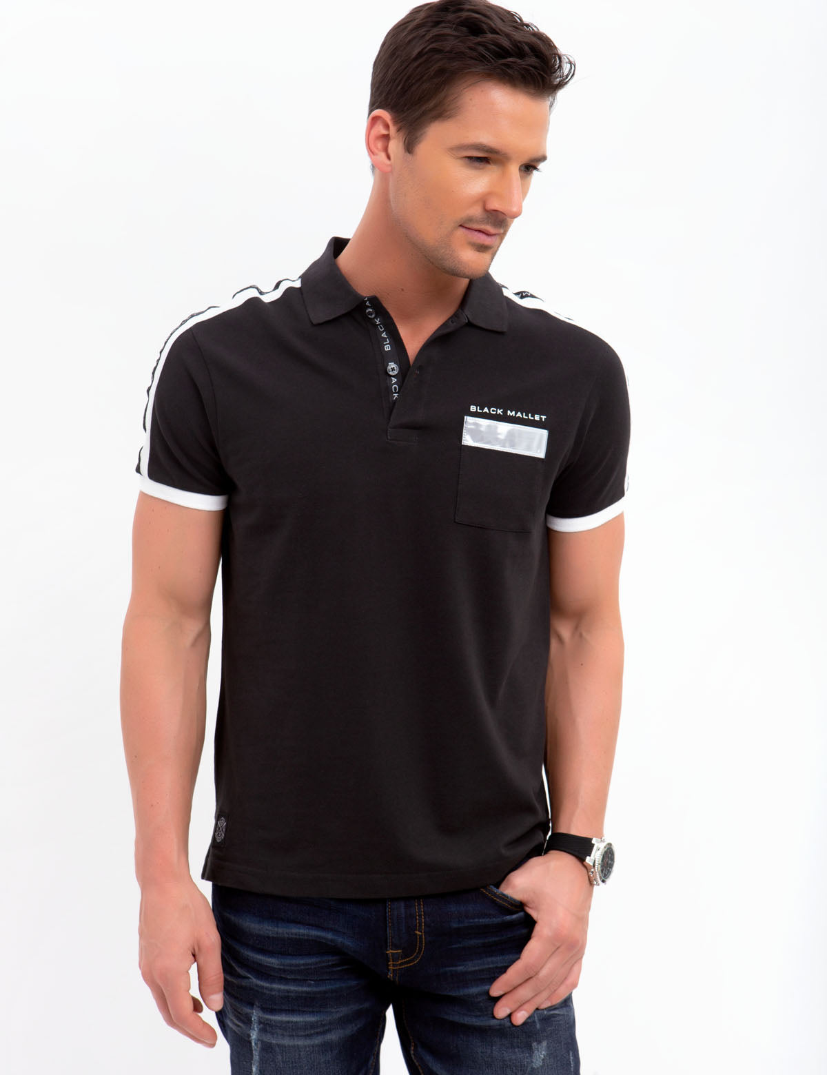 Black Mallet Striped Polo Shirt with Reflective Pocket | Cotton Short Sleeve