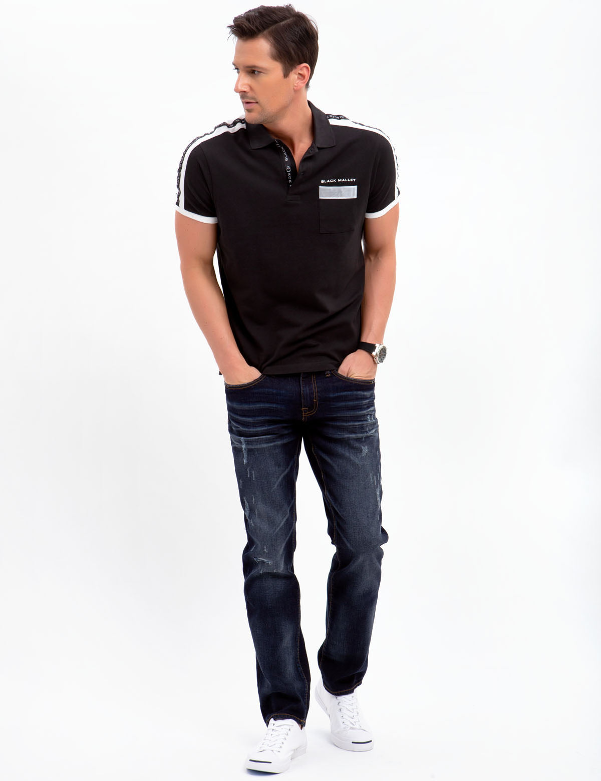 Black Mallet Striped Polo Shirt with Reflective Pocket | Cotton Short Sleeve