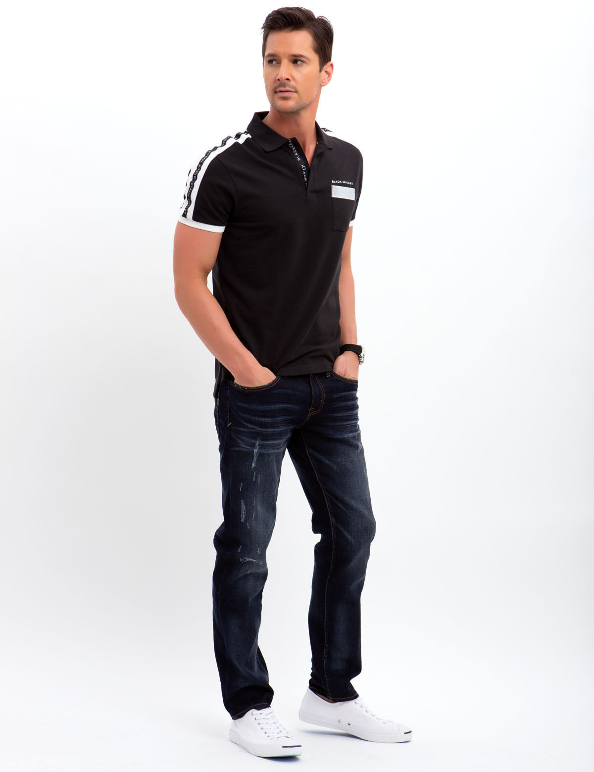 Black Mallet Striped Polo Shirt with Reflective Pocket | Cotton Short Sleeve