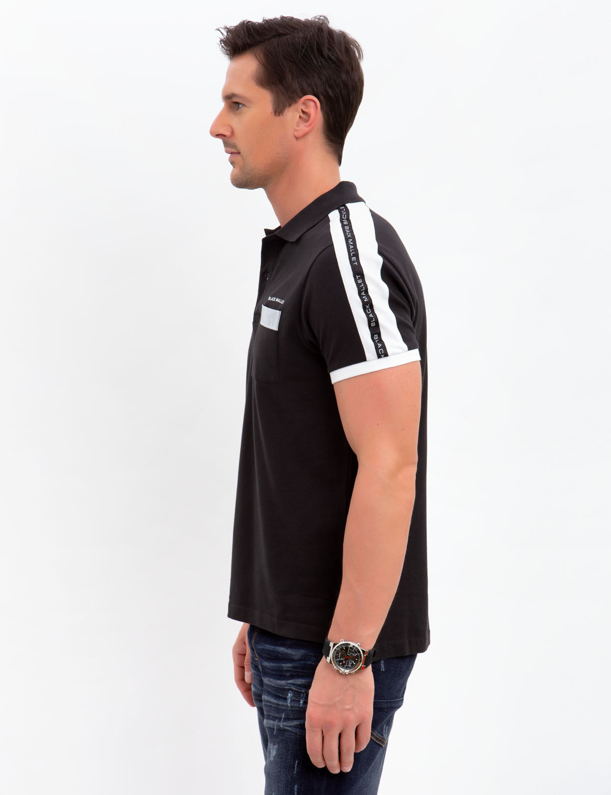 Black Mallet Striped Polo Shirt with Reflective Pocket | Cotton Short Sleeve