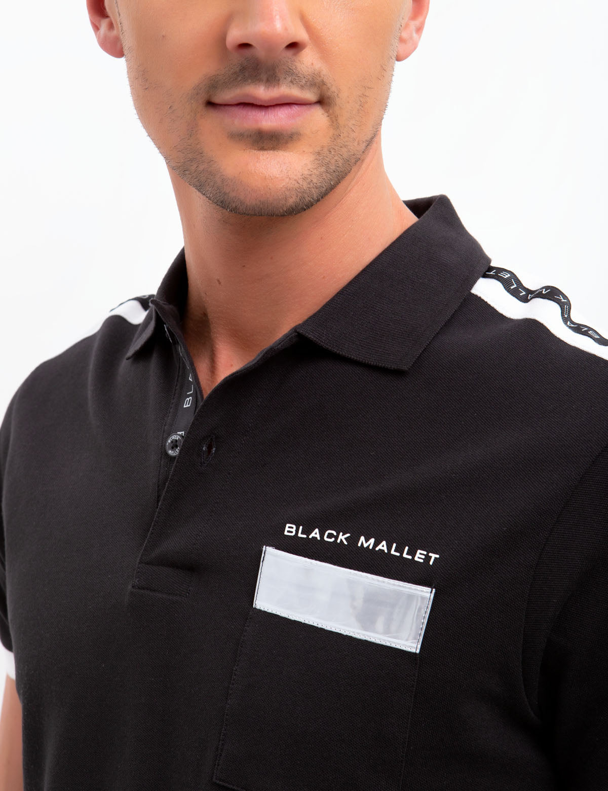 Black Mallet Striped Polo Shirt with Reflective Pocket | Cotton Short Sleeve
