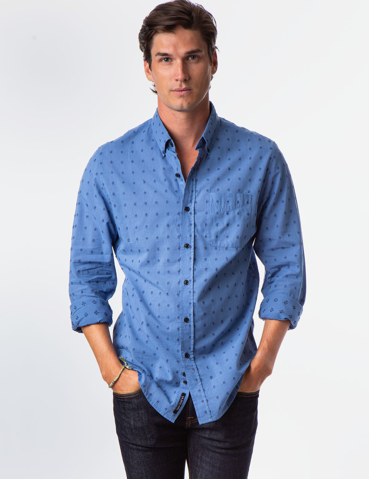Black Swiss Dot Button-Up Shirt with Collar & Pocket | Mallet