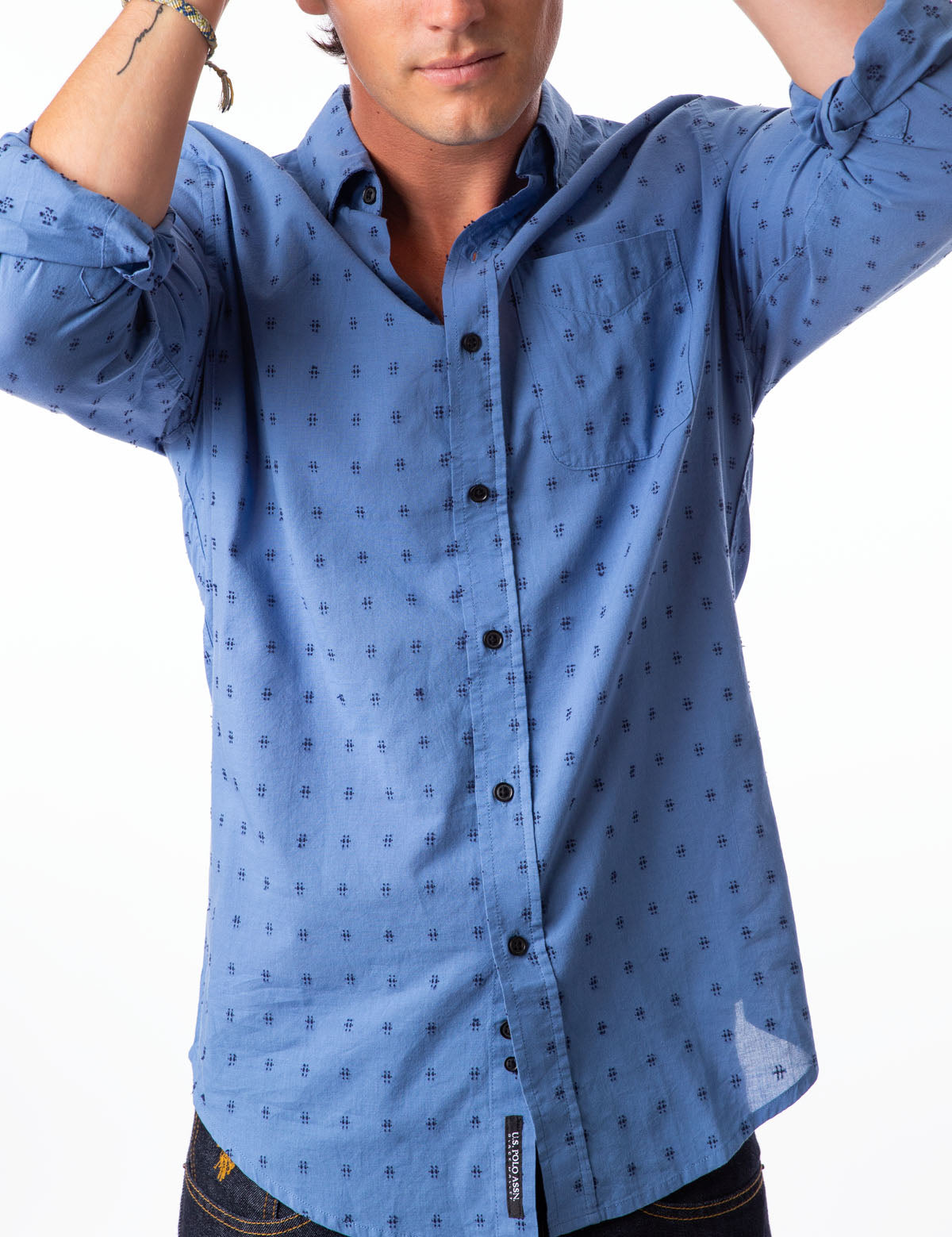 Black Swiss Dot Button-Up Shirt with Collar & Pocket | Mallet