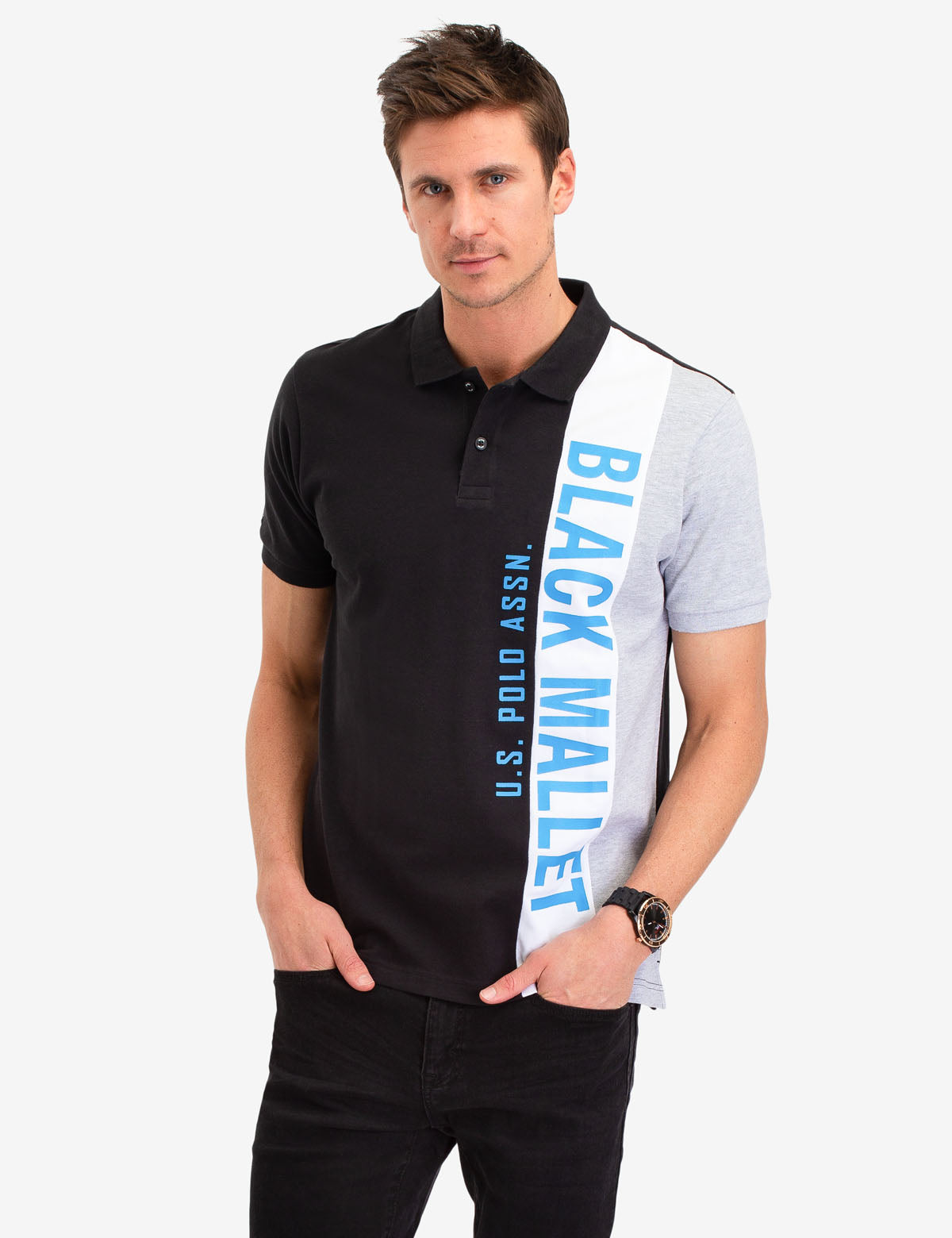 Black Mallet Polo Shirt with Vertical Logo | Button Placket & Short Sleeves