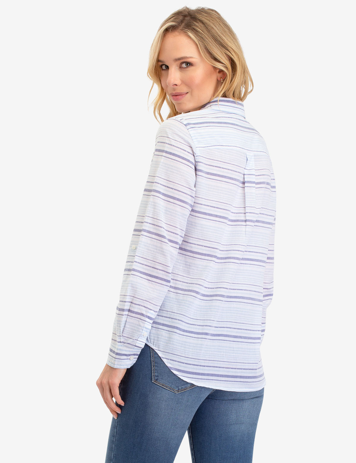 Blue Striped Lace-Up Long Sleeve Shirt | V-Neck Casual Top