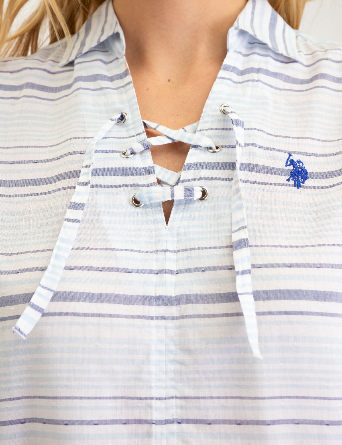 Blue Striped Lace-Up Long Sleeve Shirt | V-Neck Casual Top